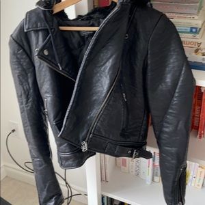 Faux leather hooded cropped jacket